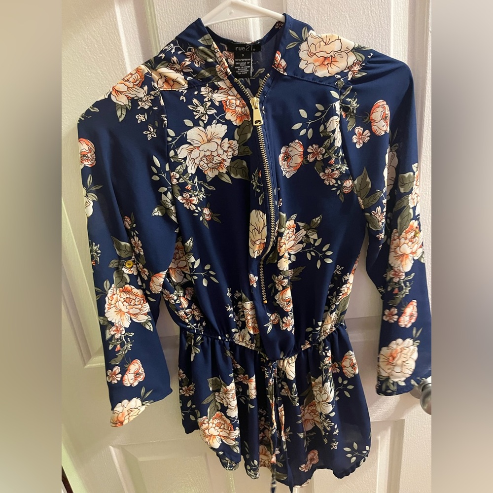 Dress shirt, lose, has flowers, dark blue.
